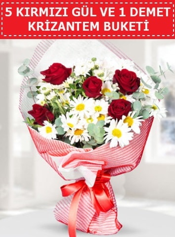 5 adet kırmızı gül ve krizantem buketi  Tekirdağ ucuz çiçek gönder 